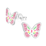 Children's Sterling Silver 'Pink Diamante Colourful Butterfly' Crystal Stud Earrings