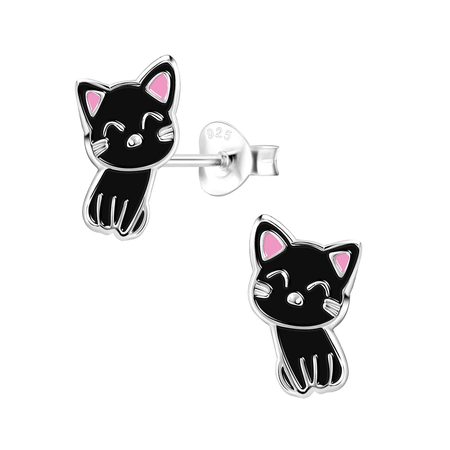 Children's Sterling Silver 'Cute Grey Cat' Stud Earrings