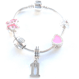 Children's Pink 'Happy 11th Birthday' Silver Plated Charm Bead Bracelet