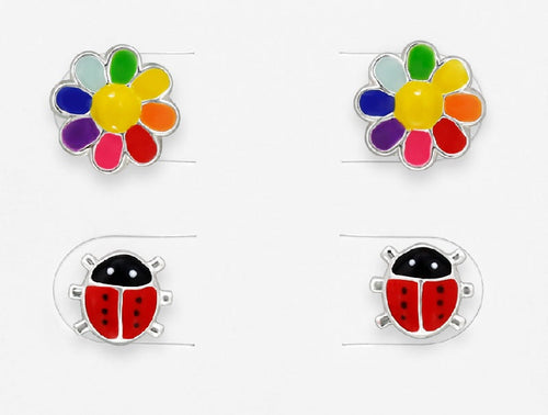 Children's Sterling Silver Set of 2 Pairs of 'Flower and Ladybird' Stud Earrings