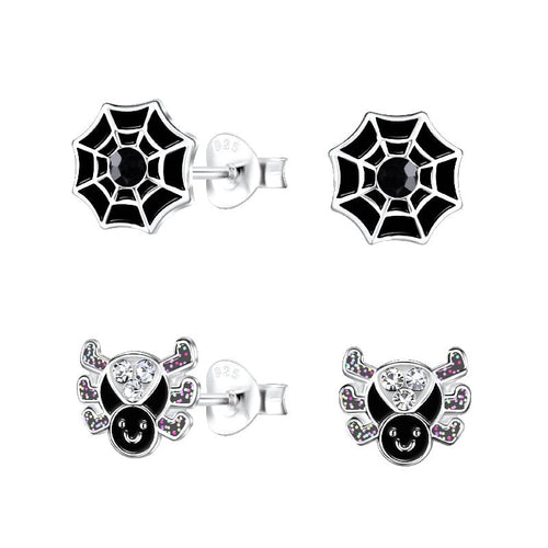 Children's Sterling Silver Set of 2 Pairs of Halloween Spider Themed Stud Earrings