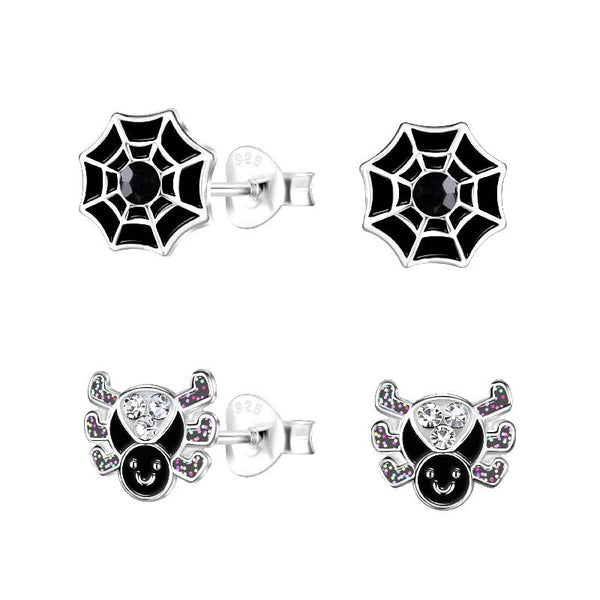Children's Sterling Silver Set of 2 Pairs of Halloween Spider Themed Stud Earrings