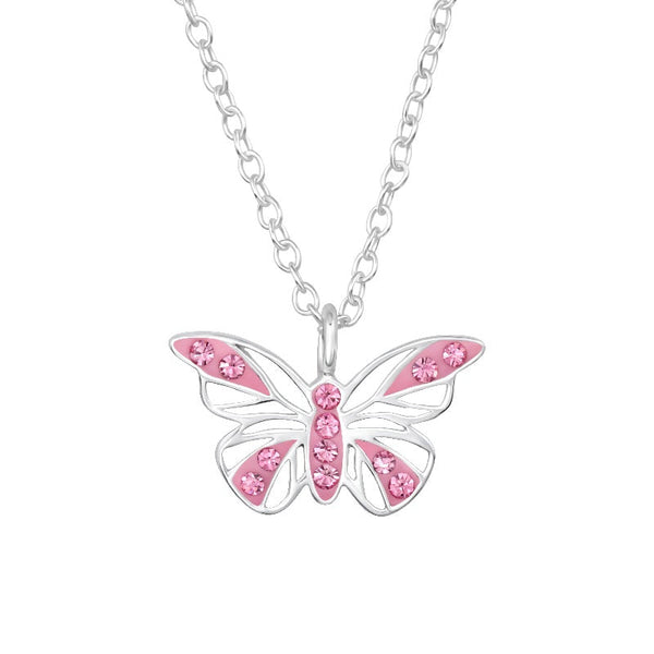 Children's Sterling Silver 'Pink Crystal Butterfly' Pendant Necklace