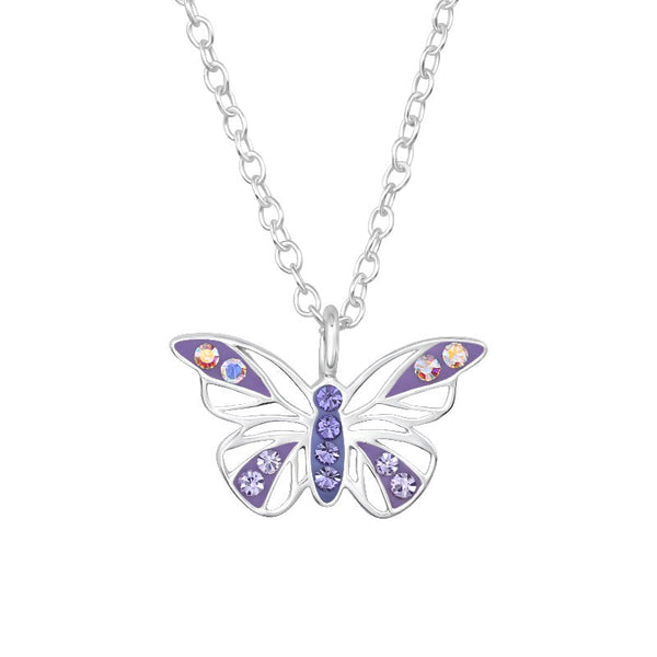 Children's Sterling Silver 'Purple Crystal Butterfly' Pendant Necklace