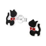 Children's Sterling Silver 'Black Cat with Red Bow' Stud Earrings