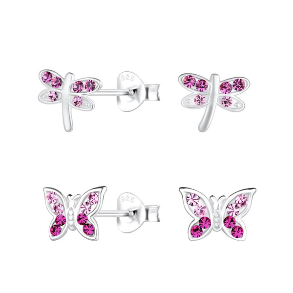 Children's Sterling Silver Set of 2 Pairs of Dragonfly and Butterfly Crystal Stud Earrings