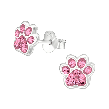 Children's Sterling Silver 'Fuchsia Pink Sparkle Paw' Crystal Stud Earrings