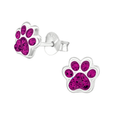 Children's Sterling Silver 'Fuchsia Pink Sparkle Paw' Crystal Stud Earrings