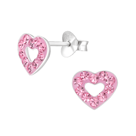 Children's Sterling Silver 'Pink Diamante Crystal Open Heart' Hoop Earrings