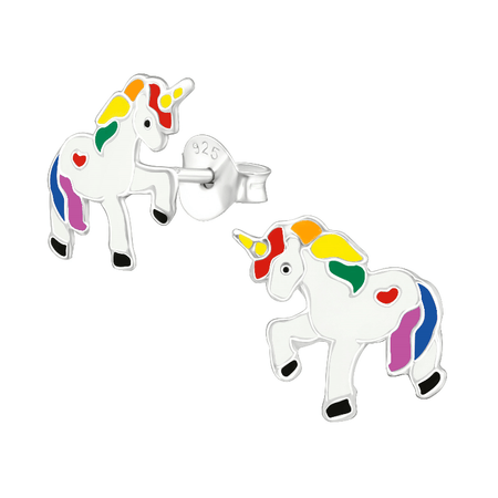 Children's Sterling Silver 'White and Pink Winged Unicorn' Stud Earrings