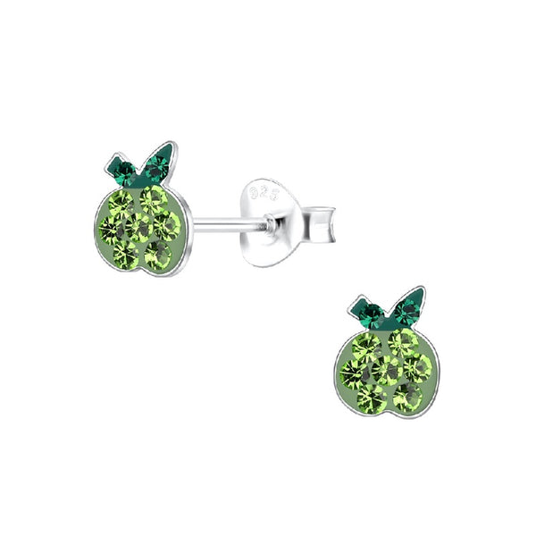 Children's Sterling Silver Green Crystal Apple Stud Earrings