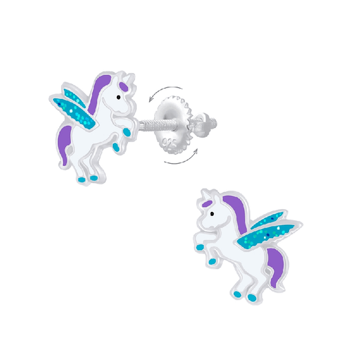 Children's Sterling Silver 'Winged Unicorn' Screw Back Stud Earrings