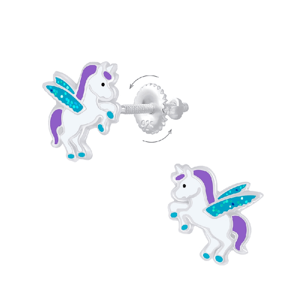 Children's Sterling Silver 'Winged Unicorn' Screw Back Stud Earrings