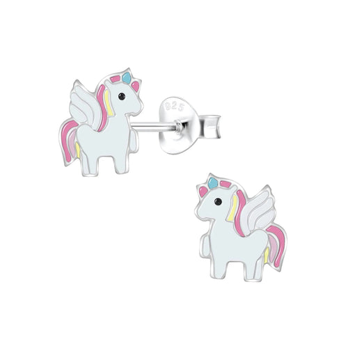 Children's Sterling Silver 'White and Pink Winged Unicorn' Stud Earrings