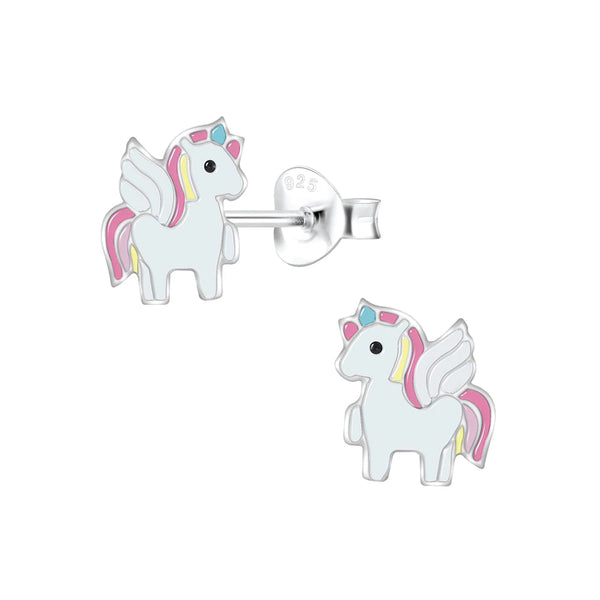 Children's Sterling Silver 'White and Pink Winged Unicorn' Stud Earrings