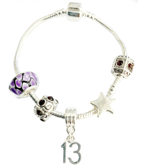 Teenager's 'Purple Crystal Happy 13th Birthday' Silver Plated Charm Bead Bracelet