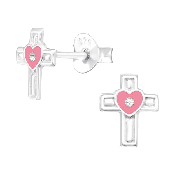 Children's Sterling Silver 'Cross with heart and Crystal' Stud Earrings