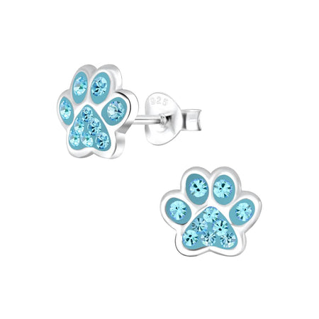 Children's Sterling Silver 'Aqua Blue Sparkle Paw and Heart' Crystal Stud Earrings