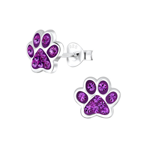 Children's Sterling Silver 'Amethyst Purple Sparkle Paw' Crystal Stud Earrings