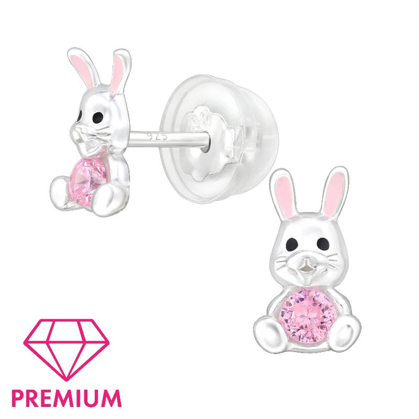 Children's Sterling Silver 'Bunny Rabbit with Pink Crystal' Stud Earrings