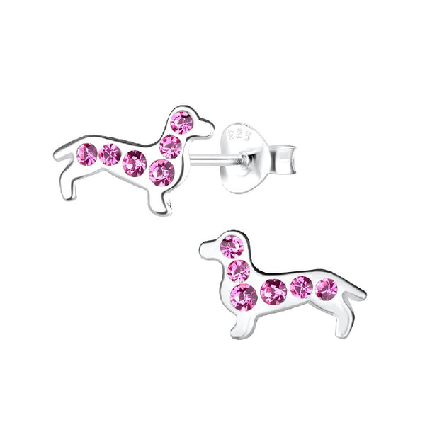 Children's Sterling Silver 'Rose Pink Sparkle Dog' Crystal Stud Earrings