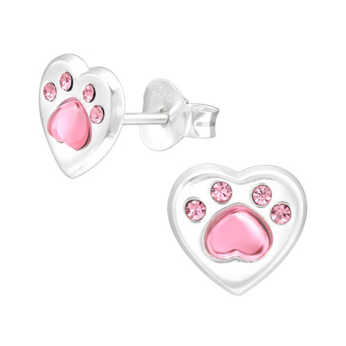 Children's Sterling Silver 'Pink Sparkle Paw Heart' Stud Earrings