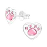 Children's Sterling Silver 'Pink Sparkle Paw Heart' Stud Earrings