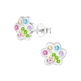 Children's Sterling Silver 'Multicoloured Sparkle Paw' Crystal Stud Earrings