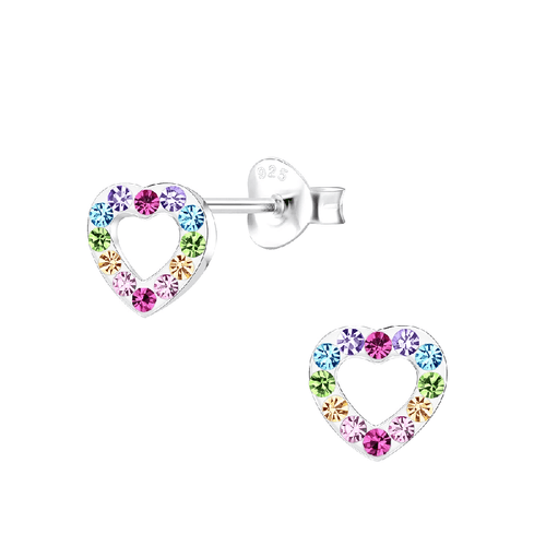 Children's Sterling Silver 'Multicoloured Diamante Sparkle Heart' Stud Earrings
