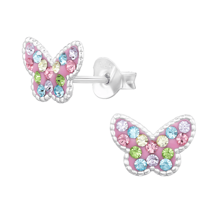 Children's Sterling Silver 'Multicoloured Sparkle Butterfly' Crystal Stud Earrings