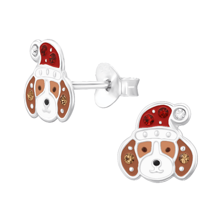 Children's Sterling Silver 'Dog with Pink Crystal Collar' Stud Earrings