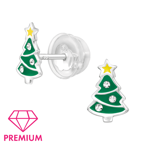 Children's Sterling Silver Christmas Tree with Crystal Stud Earrings