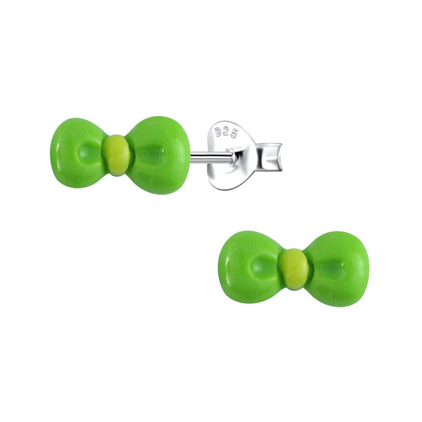 Children's Sterling Silver 'Green Resin Bow’ Stud Earrings