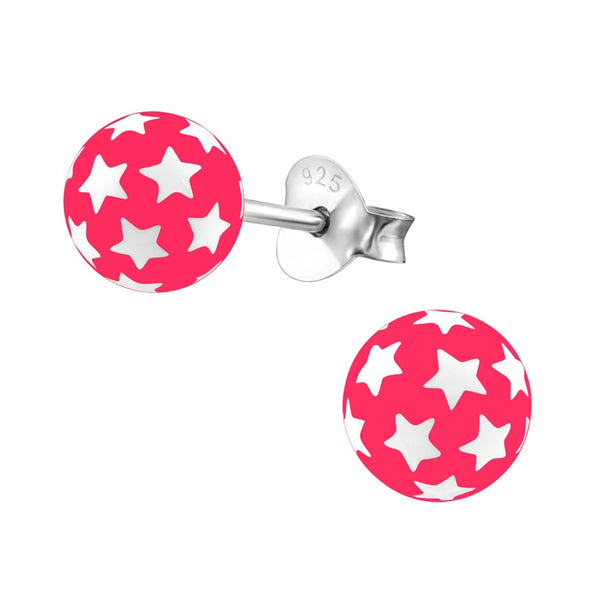 Children's Sterling Silver 'Neon Pink Star Ball’ Stud Earrings