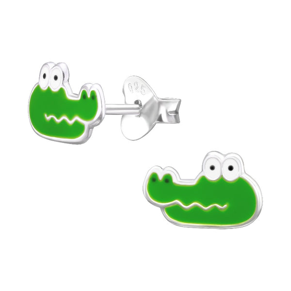 Children's Sterling Silver 'Green Alligator / Crocodile' Stud Earrings