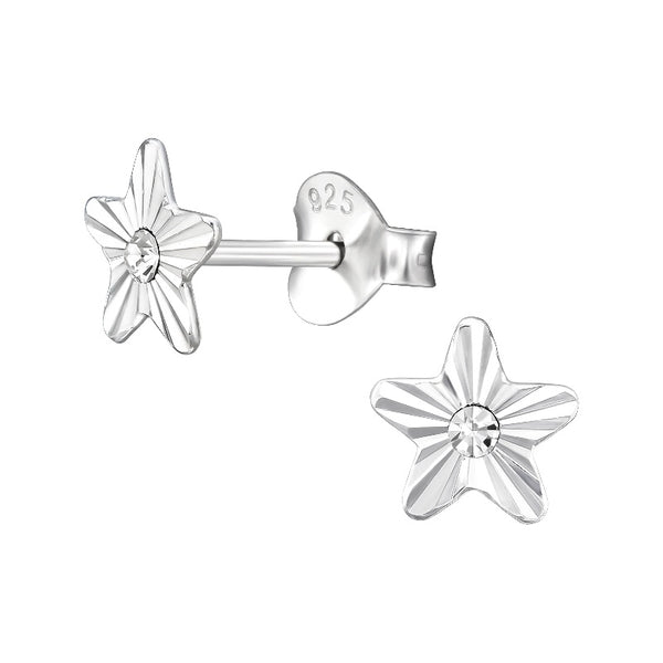 Children's Sterling Silver 'Engraved Star with Crystal' Stud Earrings
