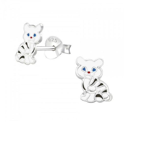 Children's Sterling Silver White Tiger Stud Earrings