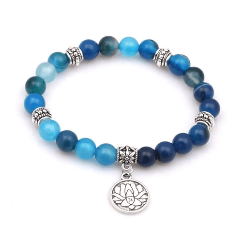 Adult's/Teenager's 'Blue Natural Agate' Beaded Yoga Stretch Bracelet with Lotus Pendant