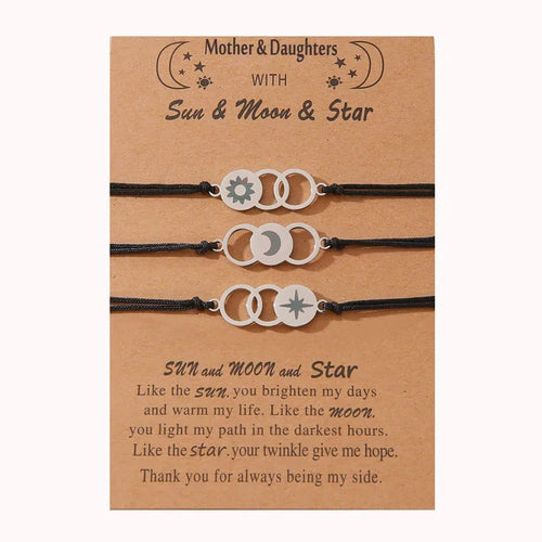 Adjustable Mother and Daughters Sun, Moon and Stars Wish Bracelets with Presentation Card - Black