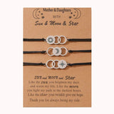 Adjustable Mother and Daughters Sun, Moon and Stars Wish Bracelets with Presentation Card - Black