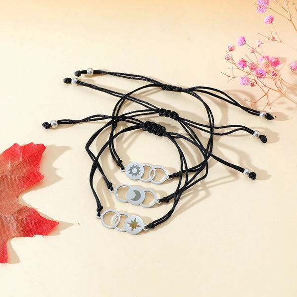 Adjustable 3 Generations Sun, Moon and Stars Wish Bracelets with Presentation Card - Black