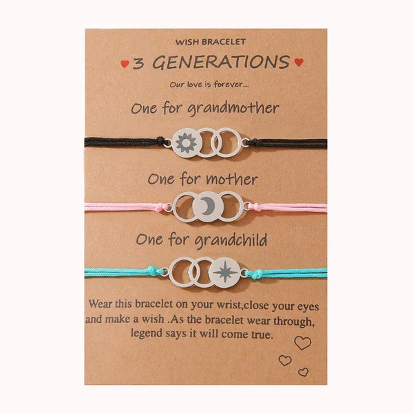 Adjustable 3 Generations Sun, Moon and Stars Wish Bracelets with Presentation Card - Multi