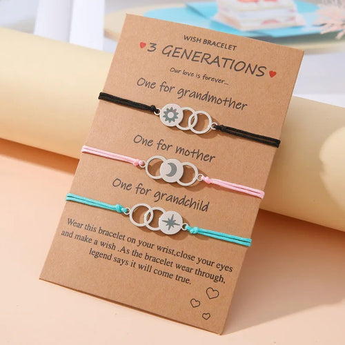 Adjustable 3 Generations Sun, Moon and Stars Wish Bracelets with Presentation Card - Multi