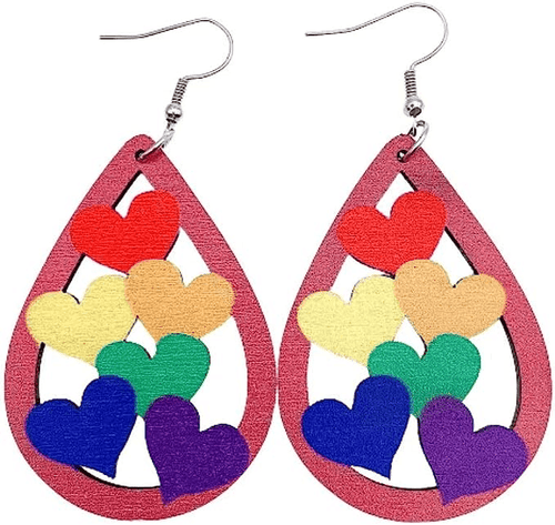 Adult's Wooden 'Rainbow Hearts' Drop Earrings