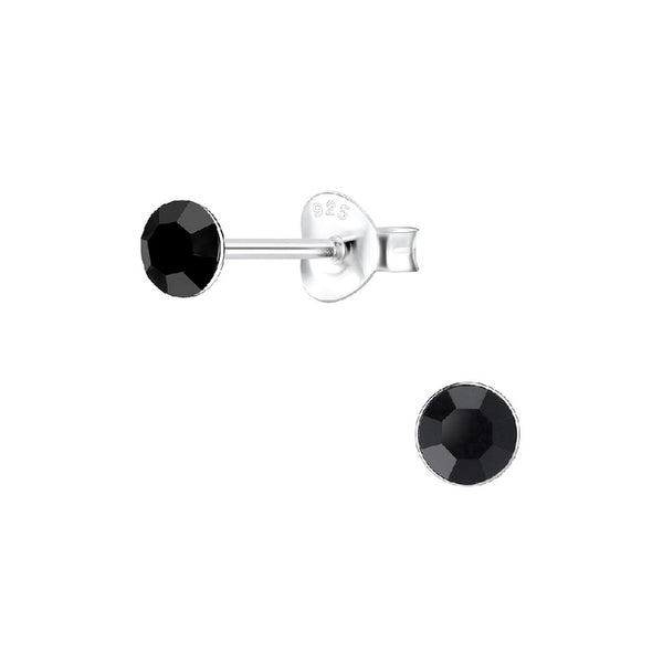 Teen/Adult Sterling Silver Jet Black Round Crystal Stud Earrings