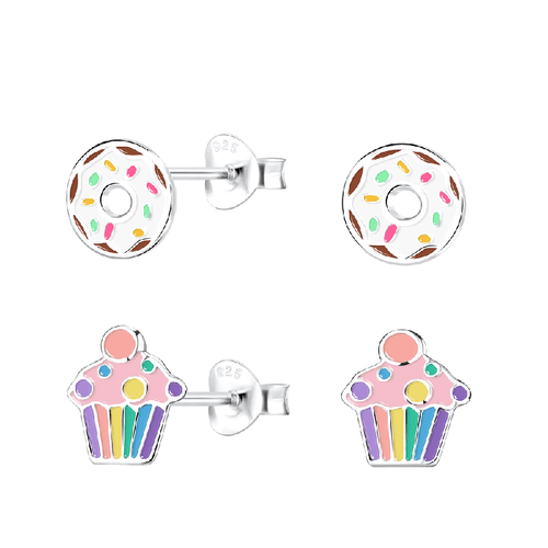 Children's Sterling Silver Set of 2 Pairs of Doughnut and Cupcake Stud Earrings