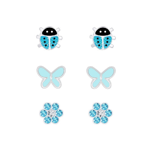 Children's Sterling Silver Set of 3 Pairs of Blue Themed Stud Earrings