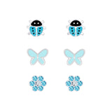 Children's Sterling Silver Set of 3 Pairs of Blue Themed Stud Earrings