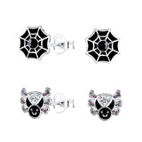 Children's Sterling Silver Set of 2 Pairs of Halloween Spider Themed Stud Earrings