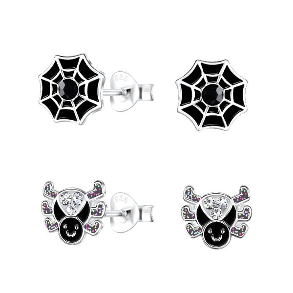 Children's Sterling Silver Set of 2 Pairs of Halloween Spider Themed Stud Earrings